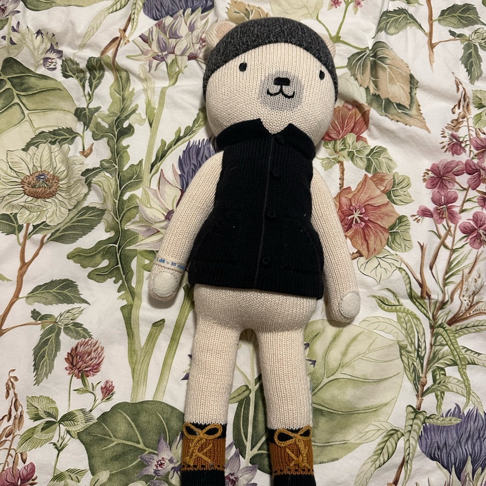 Adorable Knit Stuffed Bear with Black Vest